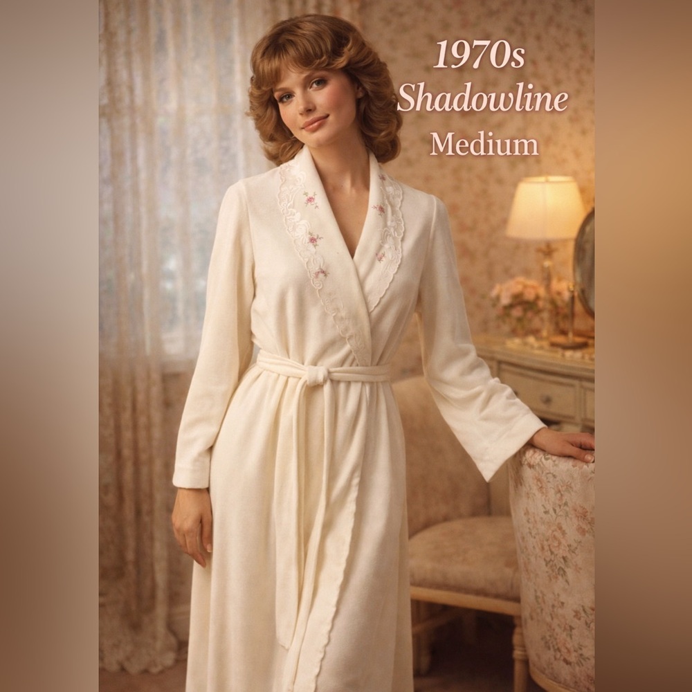 Vintage 1970s Shadowline Ivory Brushed Nylon Robe M Pink Embroidery 57”
